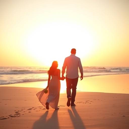 Foto de um casal apaixonado caminhando de mãos dadas em uma praia ao pôr do sol.