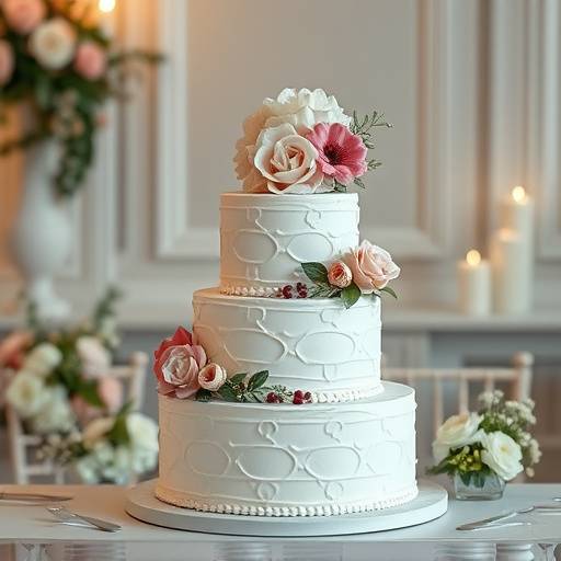 Fotografia de um bolo de casamento decorado com flores.