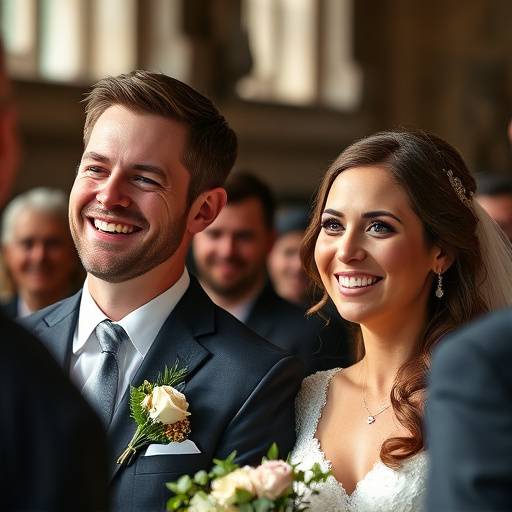 Fotografia de um casal sorrindo durante a cerimônia de casamento.
