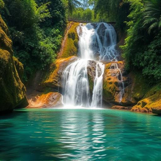 Fotografia de uma cachoeira exuberante em meio a uma floresta tropical, com água cristalina e vegetação densa.