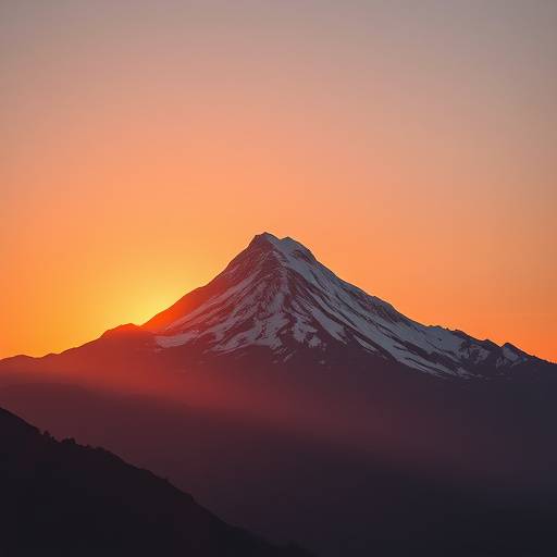 Fotografia de uma montanha majestosa ao nascer do sol, com cores vibrantes e atmosfera serena.