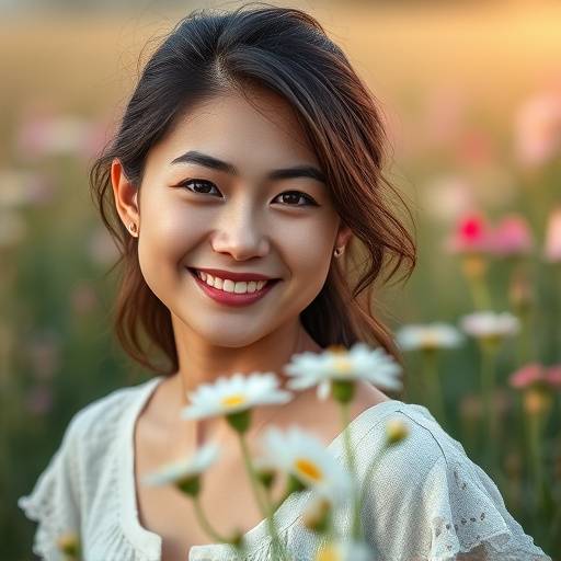 Retrato de uma jovem mulher sorrindo em um campo florido, com luz natural suave.