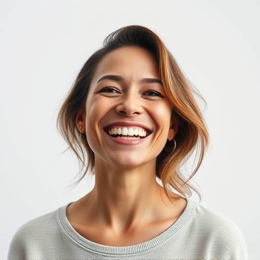 Retrato de uma mulher sorrindo em um estúdio fotográfico.