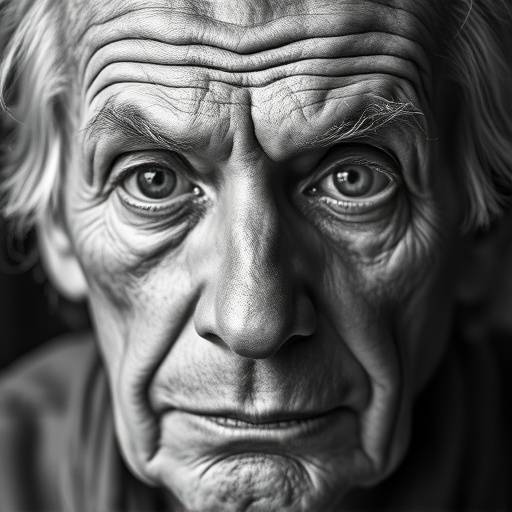 Retrato em preto e branco de um senhor com um olhar expressivo e rugas marcantes, transmitindo sabedoria e experiência.
